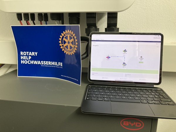 Bildschirm mit Leistung der PV-Anlage, daneben RHH-Logo